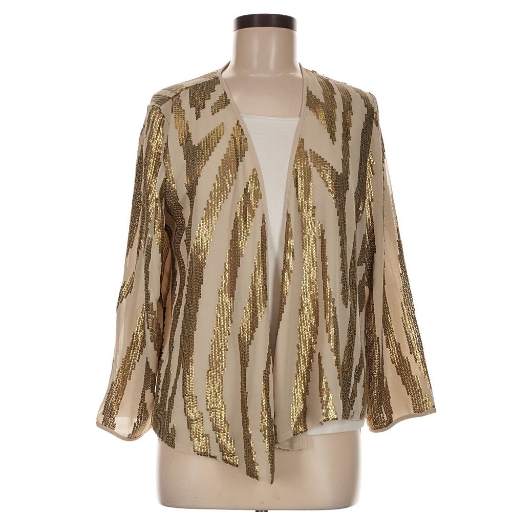 Chico's Size Med (1) Kimono Blazer Metallic Gold Sequin Zebra Print Top Shiny